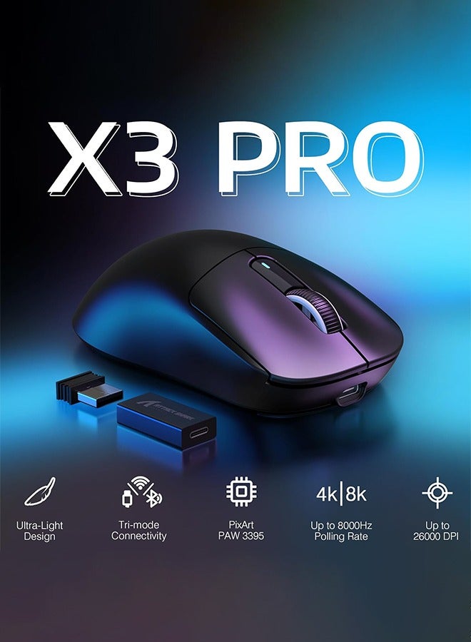هجوم القرش ماوس قيمنق،X3PRO ماوس ألعاب لاسلكي خفيف الوزن مع وضع ثلاثي (سلكي / 2.4 جيجا هرتز / بت) ، مستشعر بصري باو 3395 ، 26 كيلو نقطة في البوصة ، بطارية طويلة ، أزرار قابلة للبرمجة لـ وين 11 / إكس بوكس / بس / ماك (أسود) - Image 2